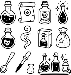 A diverse vector set of glass bottle icons for various drinks and laboratory illustrations