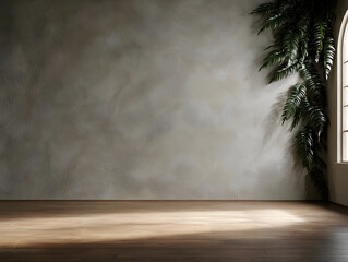 Empty room with textured wall, wooden floor, and leafy plant.  Sunlight streams in through a window