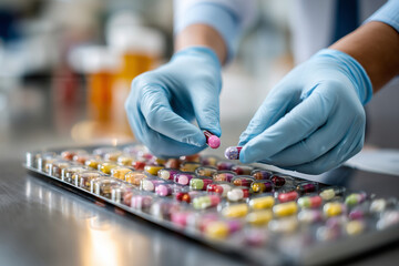 Close-up of gloved hands counting pills into a prescription tray