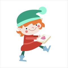 Elf getting ready for Christmas. New Year Eve and winter holidays. Set of isolated children illustrations on white background. Stylized image for greeting card.