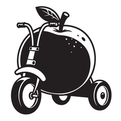 Playful apple shaped tricycle illustration depicting fun and healthy lifestyle in black and white