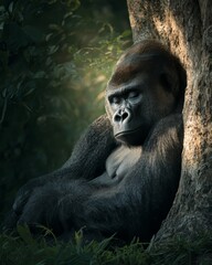 Obraz premium Peaceful Gorilla Resting Against Tree Trunk in Shaded Jungle with Relaxed Posture