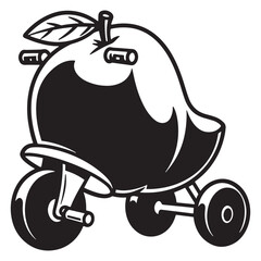 Whimsical mango fruit riding tricycle in playful black and white illustration