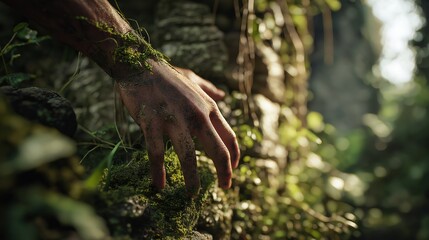 Obraz premium A hand covered in moss, reaches out to explore a weathered stone structure. This evocative photograph, showcasing human interaction with ancient stone, offers a glimpse into nature's reclamation.