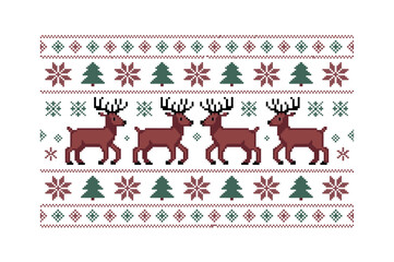 Festive Pixelated Christmas Reindeer Pattern on White Background