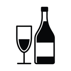 Black silhouette of wine bottle and glass with dark liquid on white background wine glass alcoholic beverage