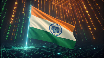 The indian flag waves in a digital binary code environment