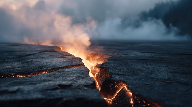 Molten lava glowing within  dark volcanic fissure emitting steam volcano