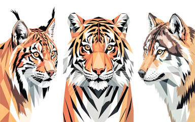 A geometric polygonal art style illustration showcases three fierce predators arranged horizontally against a stark white backdrop 
