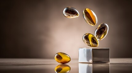 Golden orbs suspended in mid-air above a metallic cube.