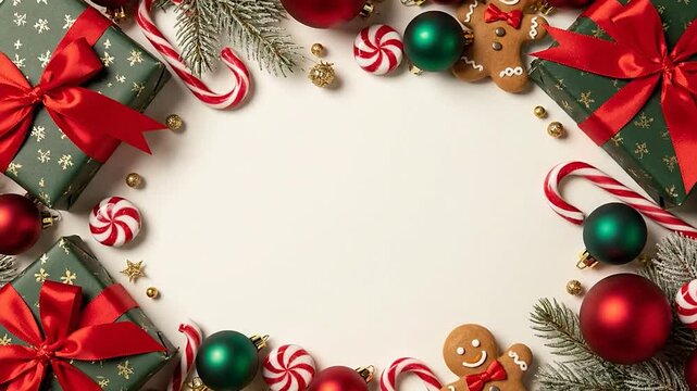 Festive arrangement Gifts ornaments gingerbread men and candy canes surround a blank space