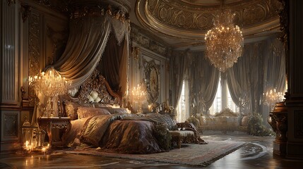 A grand bedroom interior with a gold chandelier, ornate details, and a luxurious canopy bed