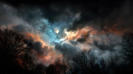 Fototapeta premium Dramatic moonlit sky with clouds and trees.
