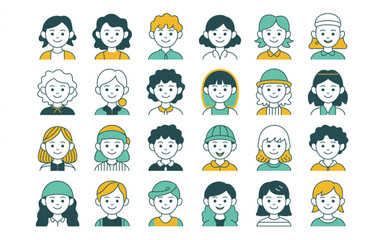 Obraz premium Diverse cartoon faces with simple outlines illustration