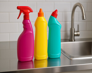  Three bottles of cleaning products in different colors: blue, green, and yellow, arranged on a white background.
