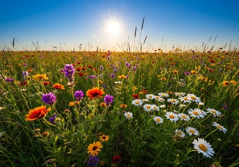 Obraz premium A wild meadow filled with colorful flowers and green grass under a clear blue sky, capturing the essence of a beautiful spring or summer day