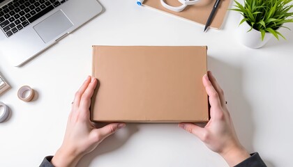 Hands holding a plain brown cardboard box on a white desk, symbolizing e-commerce and package delivery.