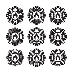 Monochrome Firefighting Labels icon Set vector illustration on white background