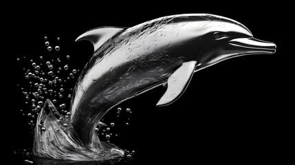 Silver dolphin sculpture jumping out of water black background art design
