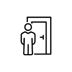 Outline icon person standing next to open door vector