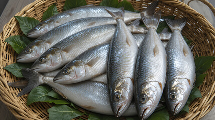 Fototapeta premium Arrangement of Fresh Silver Fish Displayed on Natural Woven Basket with Green Leaf