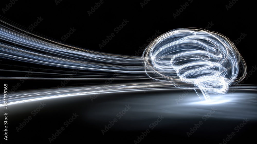 Poster light trails form a curved brain shape at night in a dark environment creating a stunning visual dis