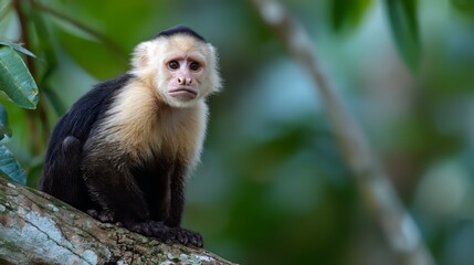Fototapeta premium Curious Capuchin Monkey Close-Up on Log with Tropical Background