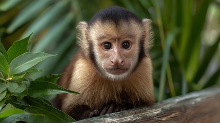 Fototapeta premium Curious Capuchin Monkey Close-Up on Log with Tropical Background