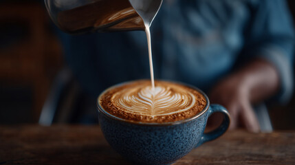 Barista pouring steamed milk into latte with rosette foam art
