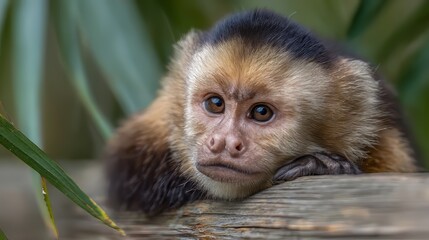 Fototapeta premium Curious Capuchin Monkey Close-Up on Log with Tropical Background