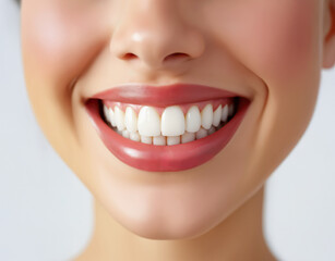 Beautiful woman smile with perfect white teeth and healthy pink lips - dental care concept