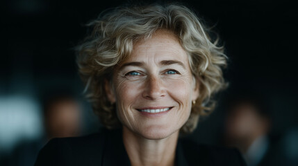 Smiling woman with short wavy hair in casual indoor environment
