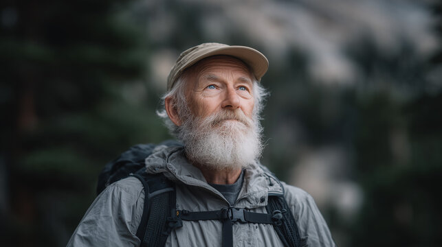 Elderly man hiking alone in forest wearing backpack and hat