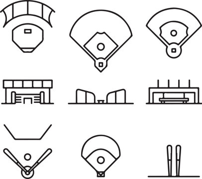 Baseball Field Details Icons Pitcher's Mound, Home Plate, Base Paths, Outfield Fence, Dugout Stairs, Bullpen Bench, Batting Circle, Foul Poles