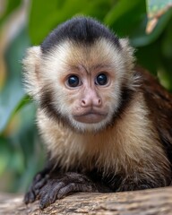 Obraz premium Curious Capuchin Monkey Close-Up on Log with Tropical Background
