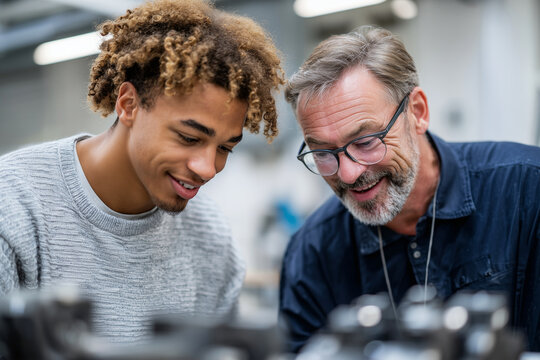 Young apprentice studying machine components with senior technician in bright workshop, mentoring moment,
