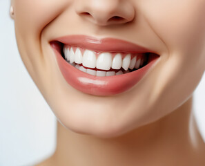 Beautiful woman smile with perfect white teeth and healthy pink lips - dental care concept