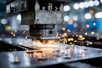 Close-up of heavy-duty mechanical press operating on metal sheet, intense lighting, sparks, 