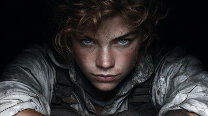 Close-up portrait of a strong woman with intense blue eyes
