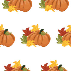 Flat style pattern with a round orange pumpkin and colorful autumn leaves near it, for autumn designs, cards or packaging