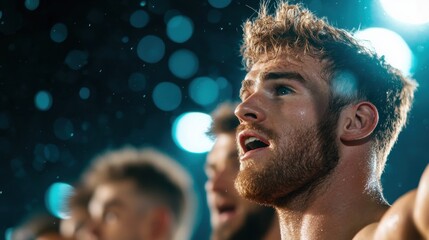 Player Rugby player scoring a try, lifting arms in celebration as teammates rush to join.