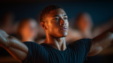 Focused male dancer practicing movement in a contemporary dance studio
