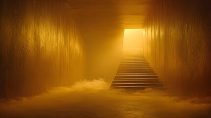 Golden stairs leading to a light-filled passage.