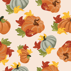 seamless pattern in flat style with round colorful pumpkins and colorful autumn leaves near it on a pastel background, for autumn designs, cards or packaging