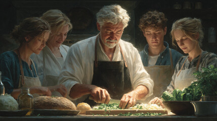 Family cooking together around a table in a warm rustic kitchen

