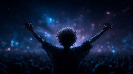 Person raising arms before cosmic light at night concert or festival
