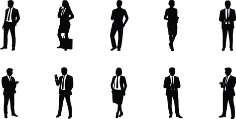 Diverse silhouettes of business professionals in various poses on a white background
