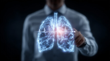 Doctor interacting with holographic digital lungs visualization
