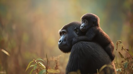 Naklejka premium Emotive Wildlife Photography of Baby Gorilla Clinging to Mother’s Back in Sunlit Forest