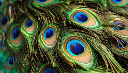 Layered peacock feathers close-up, symbolizing elegance, identity, and vibrant natural design